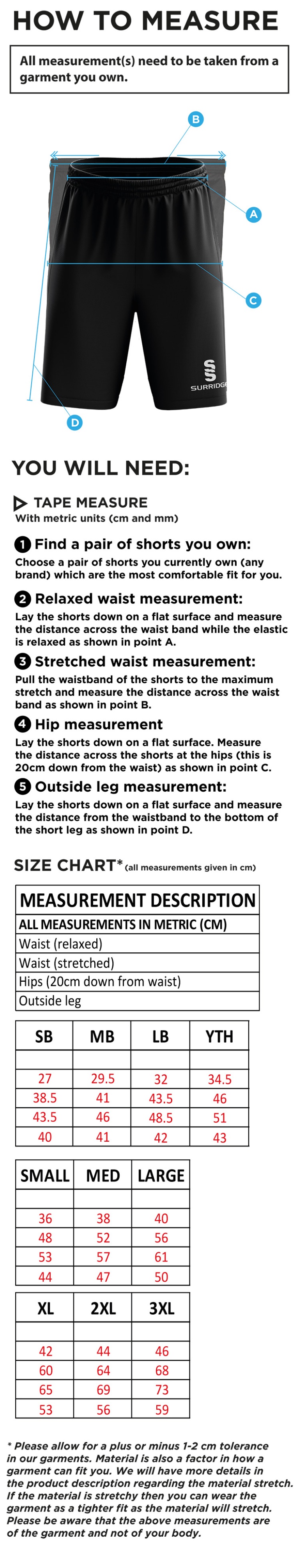 ISLE OF MAN CA - RIPSTOP TRAINING SHORTS - Size Guide