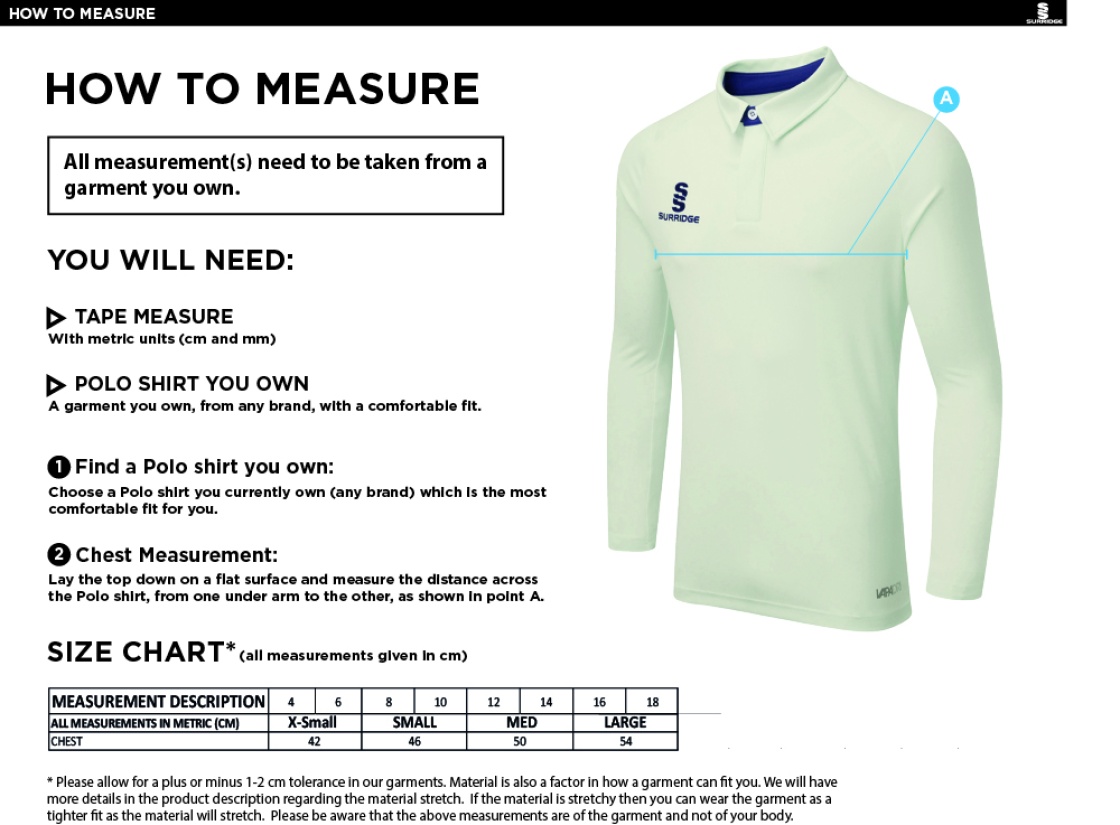 ISLE OF MAN CA DUAL LONG SLEEVE CRICKET SHIRT (WOMENS)-Ivory - Size Guide